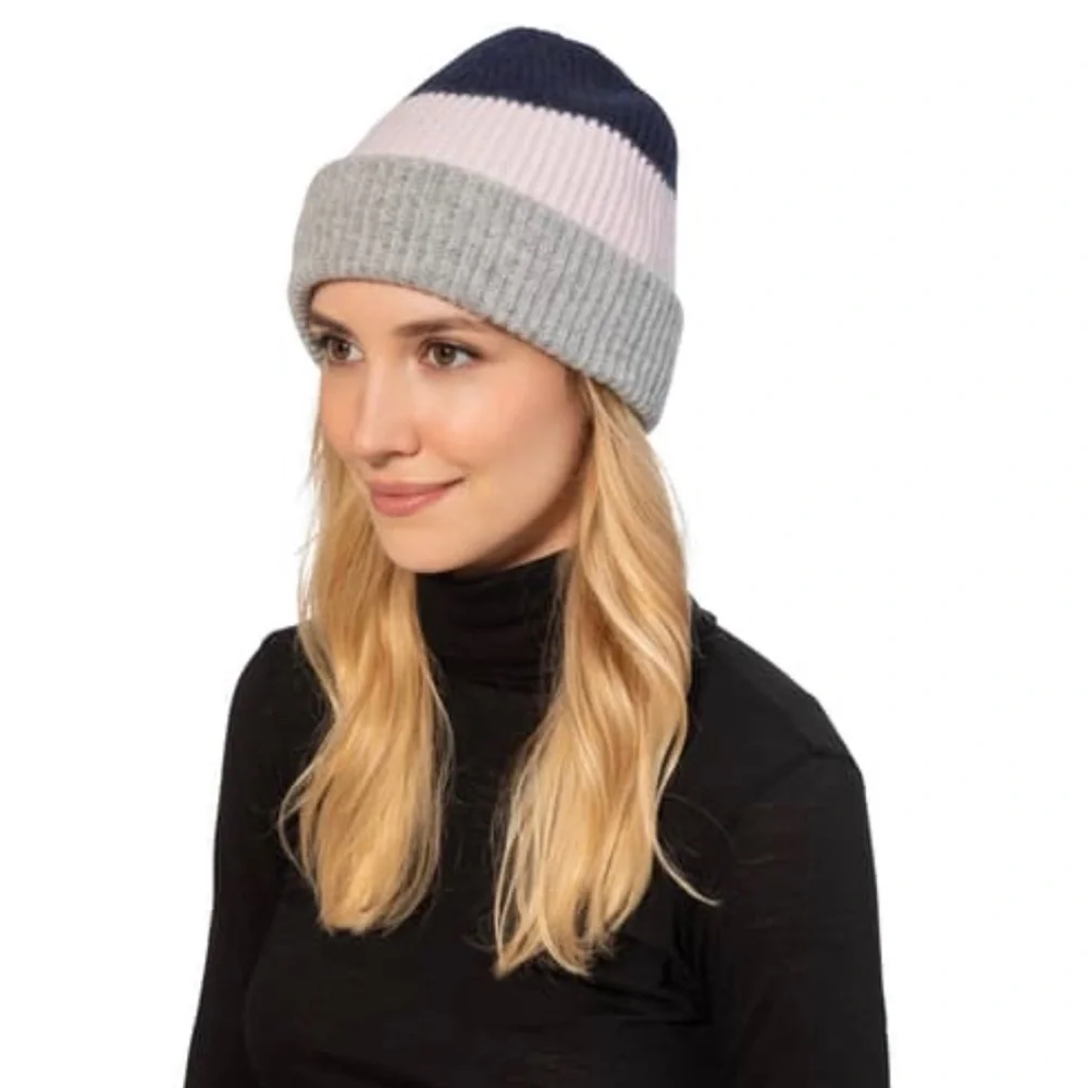 Amicale Cashmere Chunky Cuff Colorblock Beanie